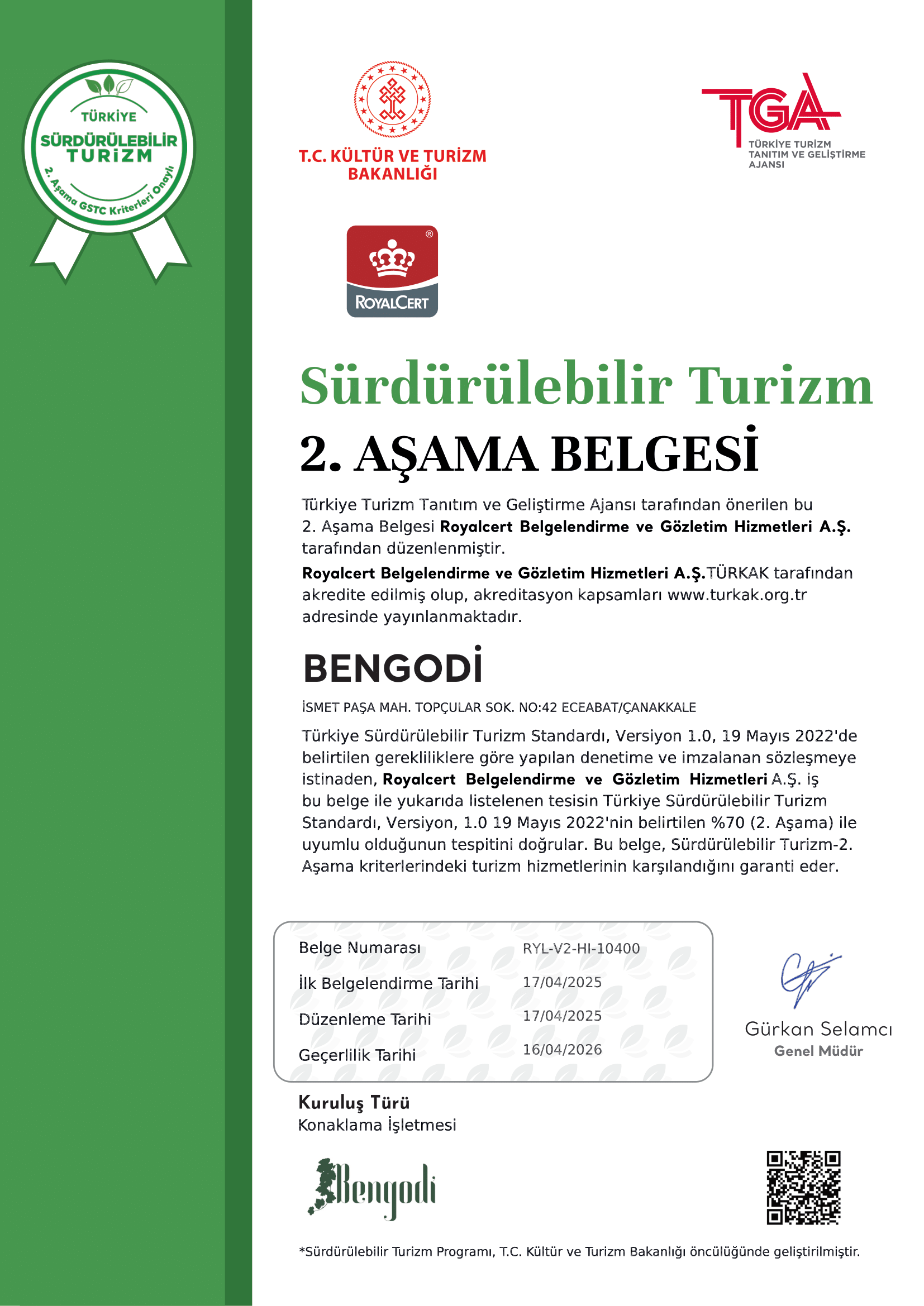 Bengodi Sürdürülebilirlik Sertifikası